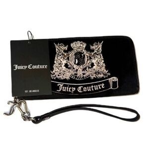 Juicy Couture Black Velour Twig Dogs Wallet Wristlet Clutch Bag Logo Embroidery